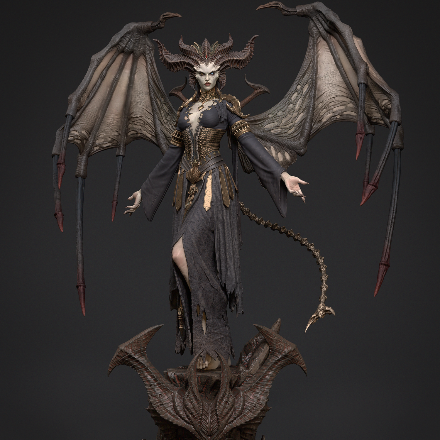 Fantasy figurine of a winged creature on a dark background